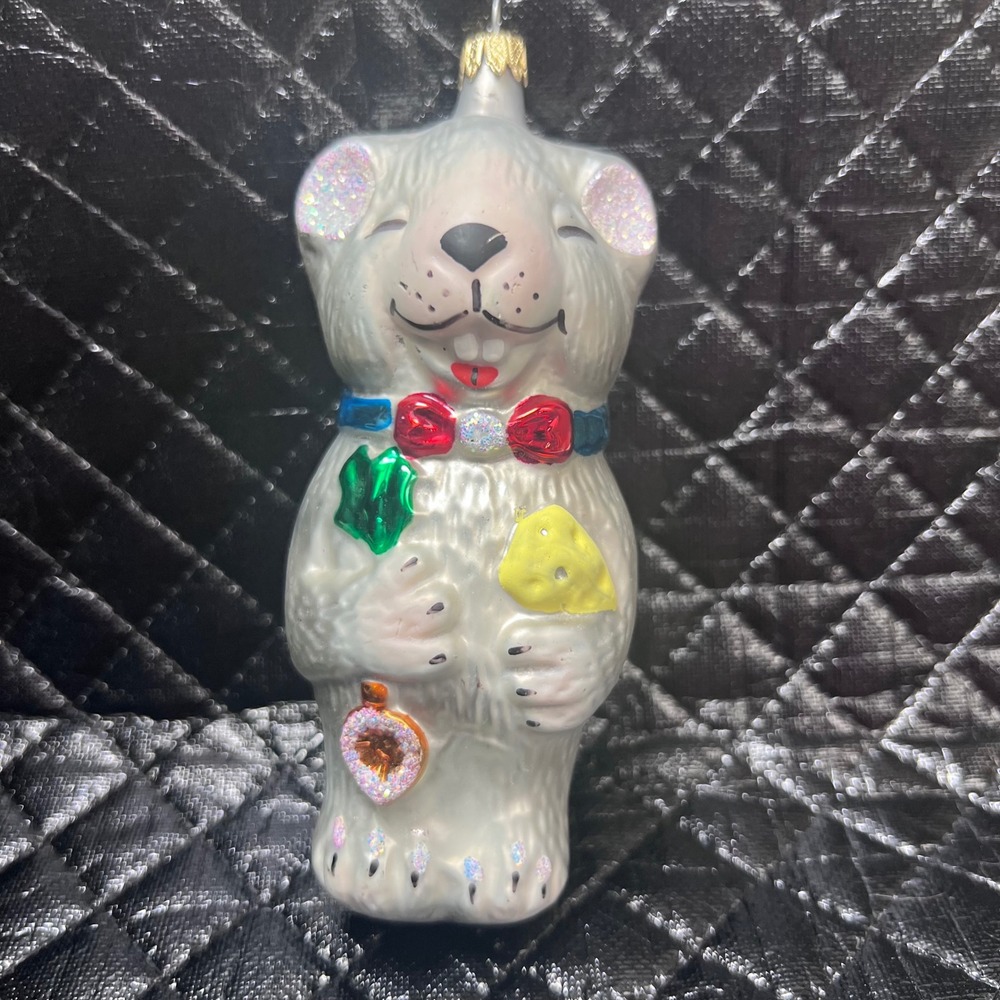 White Blown Glass Mouse Christmas Ornament‎ Red Bow Tie Cheese Heart 5.5 Inch